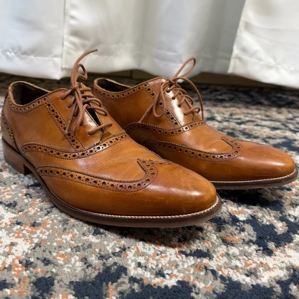 Cole Haan British Tan Leather Wing-Tip Lace-Up Oxford Dress Shoes Men’s Size 9.5